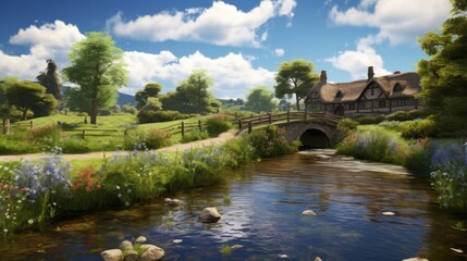 Obraz premium Idyllic countryside scene with thatched cottage by a gentle stream