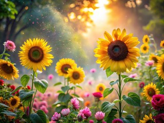 Obraz premium Sunflowers and roses in a misty garden, captured candidly; nature's artistry in floral photography.