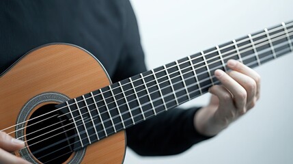 A close-up view of a person playing a classical guitar, showcasing finger placement and the instrument's detailed body.