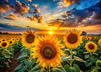 Obraz premium Sunflowers stand tall against a fiery sunset, creating a stunning summer field silhouette.