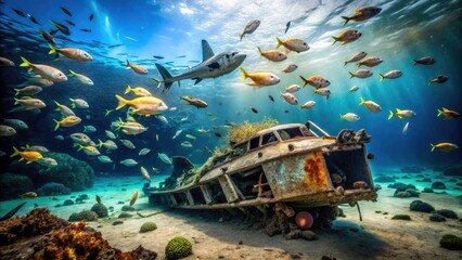 Sunken WWII plane, a ghostly metal skeleton, obscured by sand and teeming marine life.