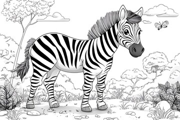 Colorful zebra coloring page for kids fun activity nature scene engaging illustration
