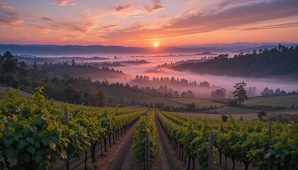 Fototapeta premium Sunrise vineyard landscape vineyard hills photography natural setting aerial view tranquility