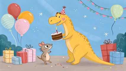 Obraz premium Dinosaur's Birthday Surprise: A friendly dinosaur, wearing a party hat.
