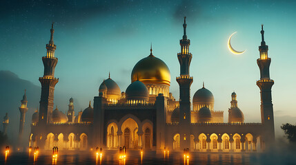 Majestic Mosque at Night Under Crescent Moon