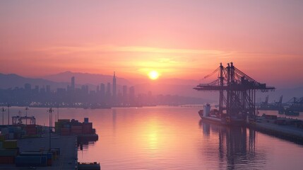 Fototapeta premium Sunrise Over Harbor Cityscape Pixel Art
