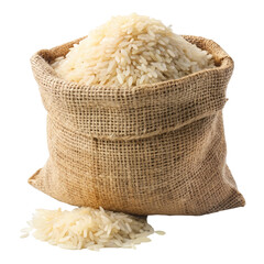 Parboiled Rice in Burlap Bag Isolated on White Background