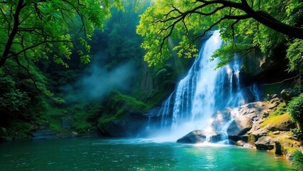 Majestic Waterfall in Lush Green Forest