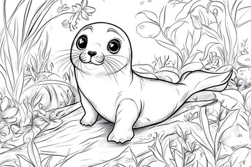 Obraz premium Cute seal coloring page for kids underwater scene fun activity nature playful style