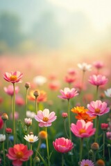 Obraz premium A Serene Meadow of Delicate Blossoms Bathed in the Warm Glow of Sunrise, Presenting a Captivating Display of Pastel Hues and Gentle Movement