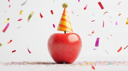 Red apple wearing party hat, confetti, celebration