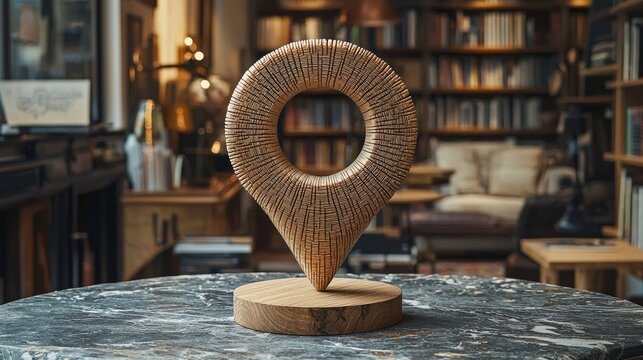 Warmly lit reading nook invites visitors explore creative bookshop featuring geolocation symbol crafted from open books blending comfort knowledge.