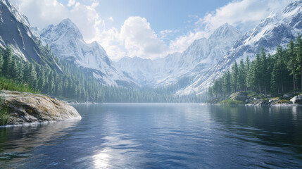 Fototapeta premium A peaceful glacial lake embraced by towering cliffs and dense evergreen forests, with gentle waves rippling across the pristine surface