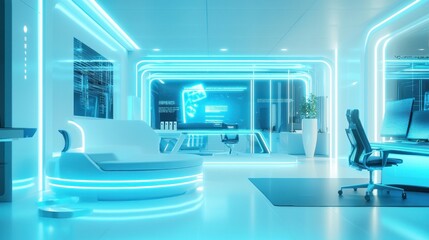 Futuristic Office Interior Design: Neon Lights, Advanced Technology, and Sleek Furnishings