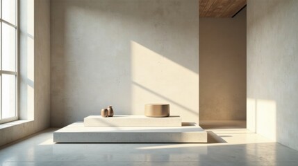 Minimalist Interior Design Featuring Sunlit Room with Elevated Platform and Simple Decor