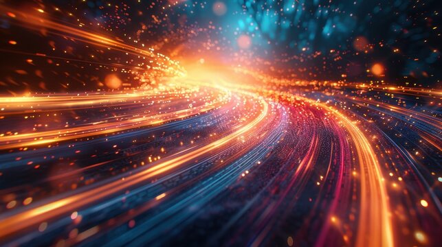 Vibrant abstract light trails in dynamic motion with glowing particles