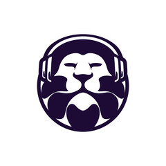Lion head using handsfree inside side circle illustration logo design