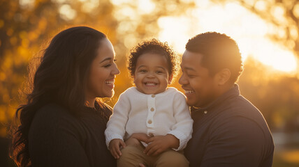 young diverse family joyfully laughing and playing together outdoors, capturing moment of love and happiness with their smiling child in warm, golden light