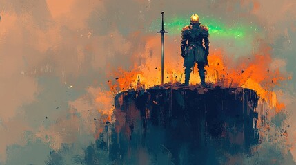 Fototapeta premium Knight Stands Alone After a Fiery Battle