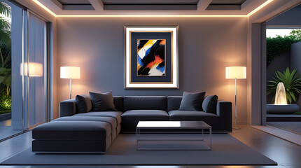 Modern Living Room Interior with ISO A Paper Size Poster Mockup – Elegant 3D Render Design