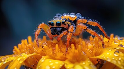 Colorful spider on dew-covered flower. Macro nature photography for websites