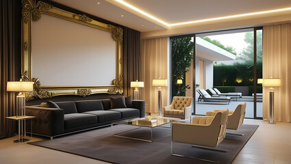 Modern Living Room Interior with ISO A Paper Size Poster Mockup – Elegant 3D Render Design