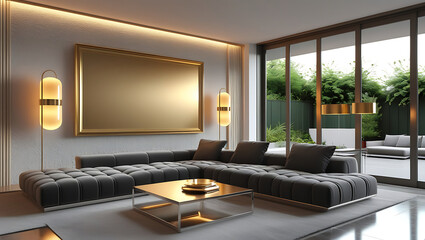 Modern Living Room Interior with ISO A Paper Size Poster Mockup – Elegant 3D Render Design