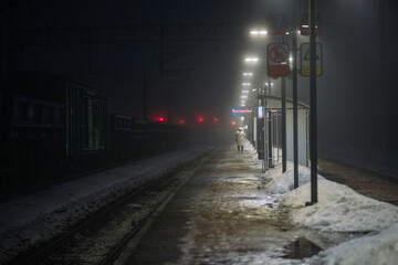 Lone figure waits for train on icy platform, surrounded by dense fog and winter chill. Night's...