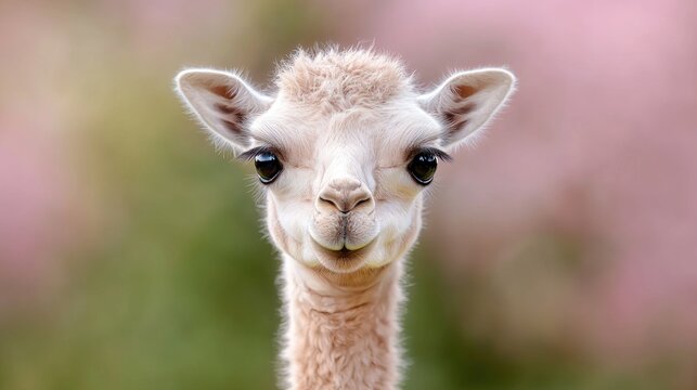 Adorable white alpaca cria close-up, pink blurred background, farm animal portrait, stock photo