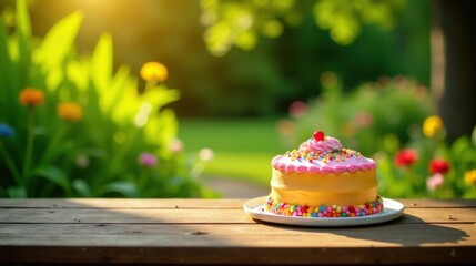 A delightful birthday cake, adorned with colorful sprinkles and a vibrant cherry, sits on a wooden table in a sunlit garden setting