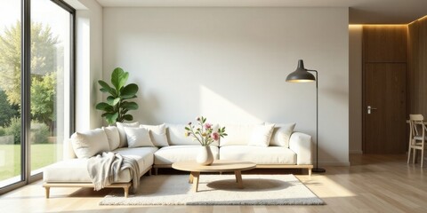 Modern Minimalist Living Room Design with Sunlight Streaming Through Large Window and Comfortable Sectional Sofa