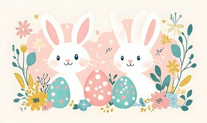 Adorable Easter Bunnies with Colorful Eggs Amidst Floral Springtime Bliss
