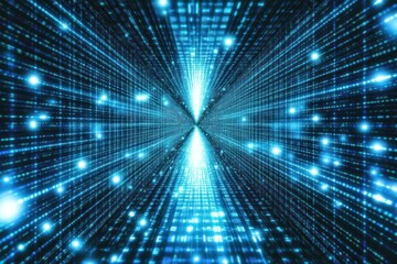 Futuristic digital tunnel with glowing blue lines and particles creating a sense of depth