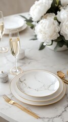 A beautifully arranged dining table featuring marble plates, golden utensils, and a floral centerpiece of white peonies. Sparkling glasses stand ready for a celebration