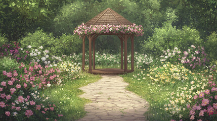 Enchanted Garden Gazebo with Blooming Flowers
