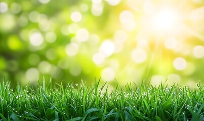 Obraz premium a close-up view of green grass blades with dew drops on them, illuminated by sunlight in the background, creating a serene and fresh atmosphere.