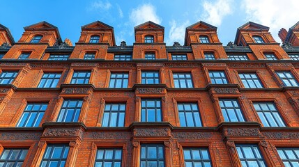 Fototapeta premium Elegant Red Brick Building Facade With Many Windows