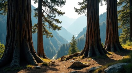 Serene Mountain Vista Framed by Ancient Redwood Trees, a Breathtaking Panorama of Nature's Majesty