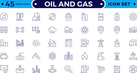 Oil and gas thin line web icon set. Outline icons collection. Oil and Gas icon set. Containing fuel, refinery, petroleum, oil well, gas pump, offshore platform, lubricant. Editable stroke outline icon