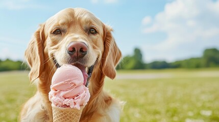 A joyful golden retriever happily enjoying a pink ice cream cone in a sunny outdoor setting.