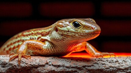 Fototapeta premium A close-up image of a colorful lizard with prominent stripes, resting on a textured surface against a dark background.