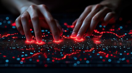 Hands interacting with a glowing digital interface