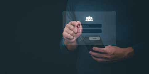 Person showing protection system In order to screen or prevent attacks from cyber, hackers, the concept of managing systems to be safe. digital transformation Internet of Things, Data Storage