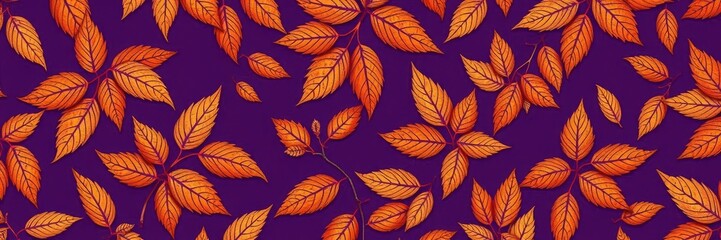 Obraz premium A stylized pattern of dry orange metallic leaves on a deep violet background with intricate details and layered compositions, natural motifs, layered elements, floral patterns