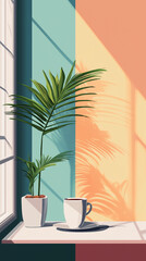 cup of coffee on the table next to potted plant autumn leaf falling above water reflection bokeh natural seasons mobile wallpaper vertical format background interior backdrop social media post