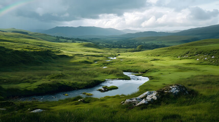 Scenic Countryside Path Through Rolling Hills and Fields with Sheep Grazing on a Cloudy Day