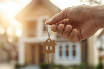 real estate agent holding keys in front of a home