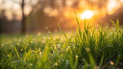 Naklejka premium a close-up view of green grass blades with dew drops on them, illuminated by sunlight in the background, creating a serene and fresh atmosphere.