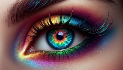 Fototapeta premium A colorful iris adorns the eyes of this mesmerizing.A childs eye reflects vibrant cosmic imagery