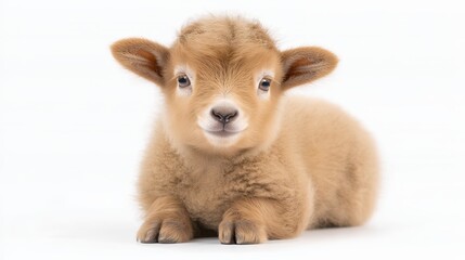 Adorable Baby Goat Close-Up on a White Background, Fluffy Brown Fur and Innocent Expression, Perfect for Farm Animal Photography, Cute Wildlife Themes, and Animal Lovers' Content